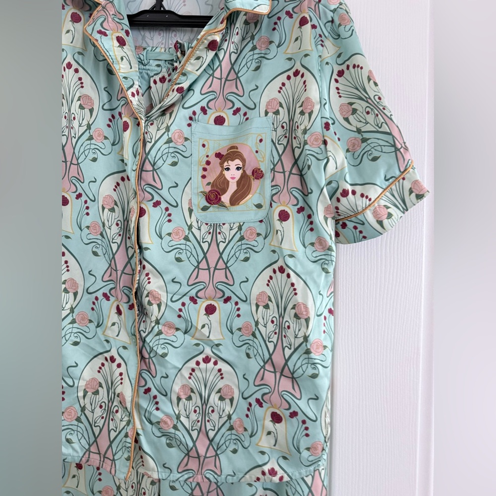 Disney Mint Green Floral Pajama Shirt with Belle patch - Picture 2 of 9